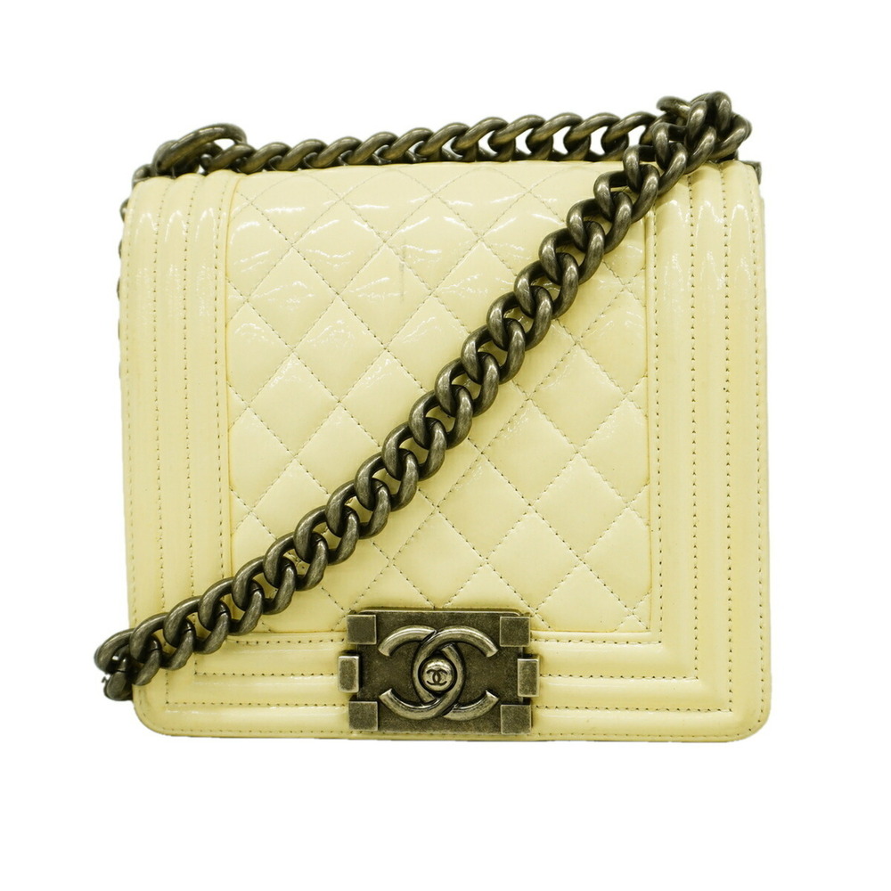 Chanel Boy Chain Shoulder Bag, Patent Leather, White, Women's, P3341924